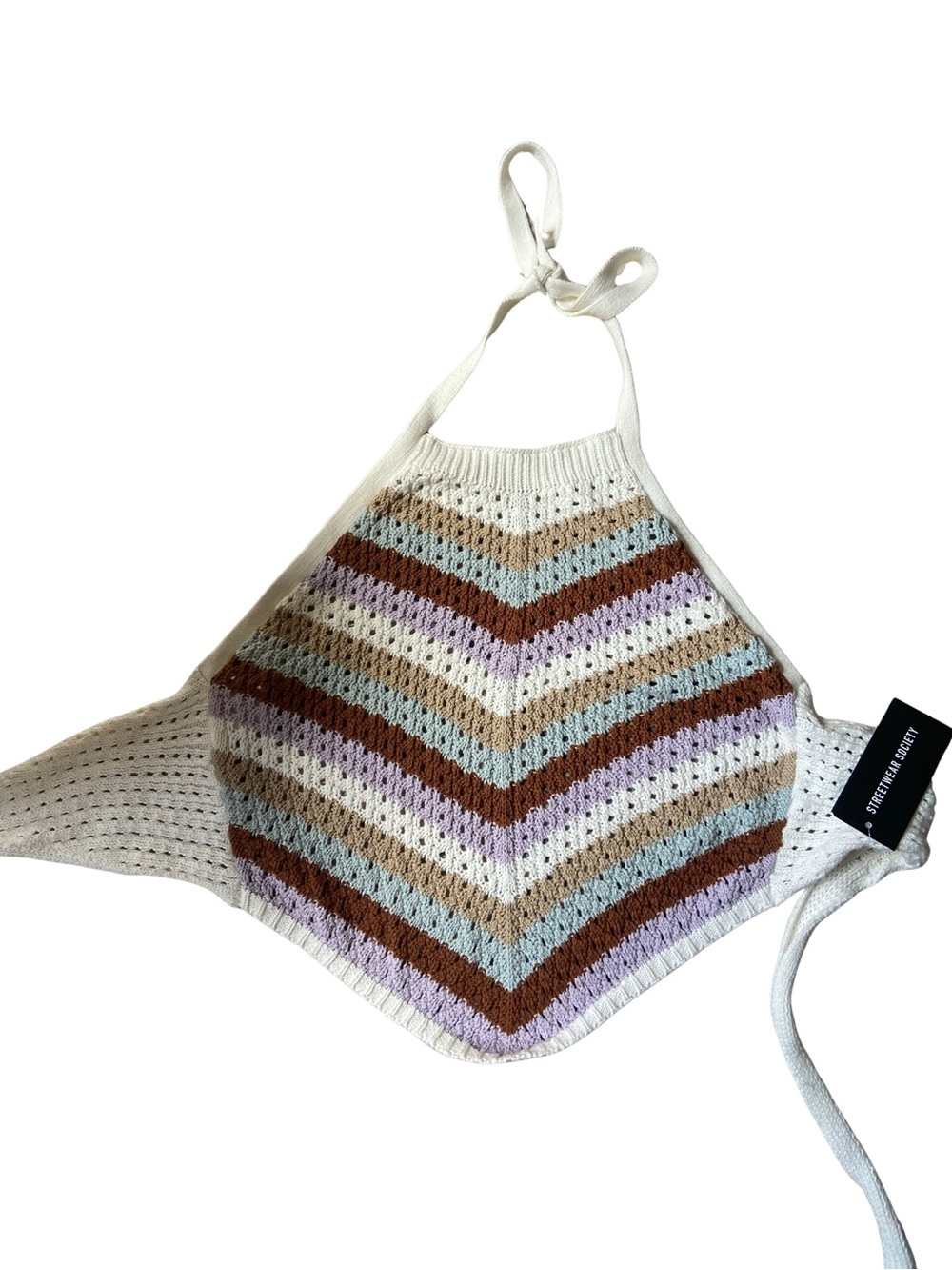 Streetwear Society Crochet Chevron Halter Crop Top in Cream, Brown & Lavender - Picture 2 of 4